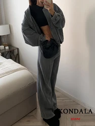 KONDALA Casual Gray Sports Women Suits Long Sleeve Zipper Jackets+Elastic Waist Wide Leg Pants Fashion 2023 Autumn Winter Suits