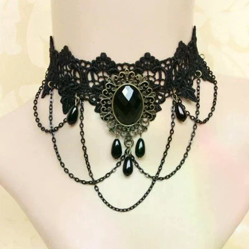 Sexy Gothic Chokers Crystal Black Lace Neck Choker Necklace Vintage Victorian Women Chocker Steampunk Jewelry