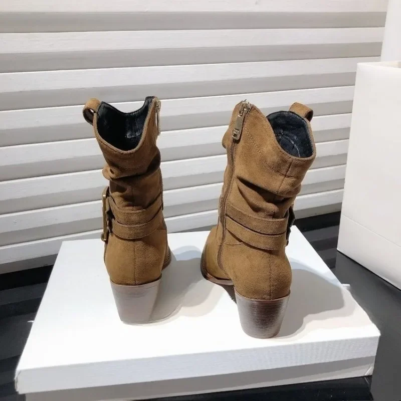 Pointed Toe High Heel Booties Women Fall Winter New Western Boots Block Heel Side Zipper Belt Buckle Fashion Boots view 5
