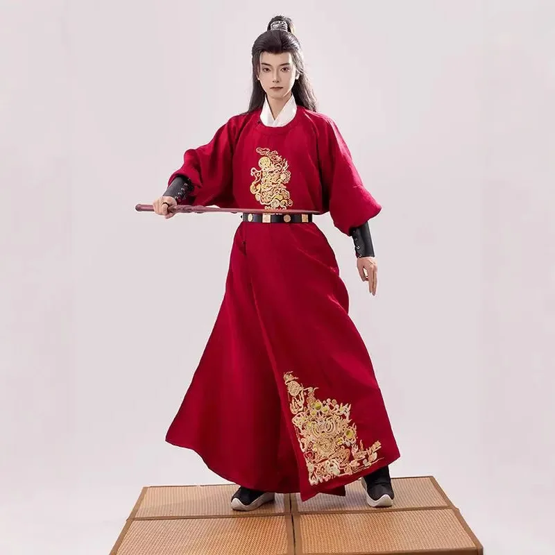 

Hanfu осенне-зимняя новая годовая одежда для взрослых, мужское меховое пальто с вышивкой и круглым вырезом