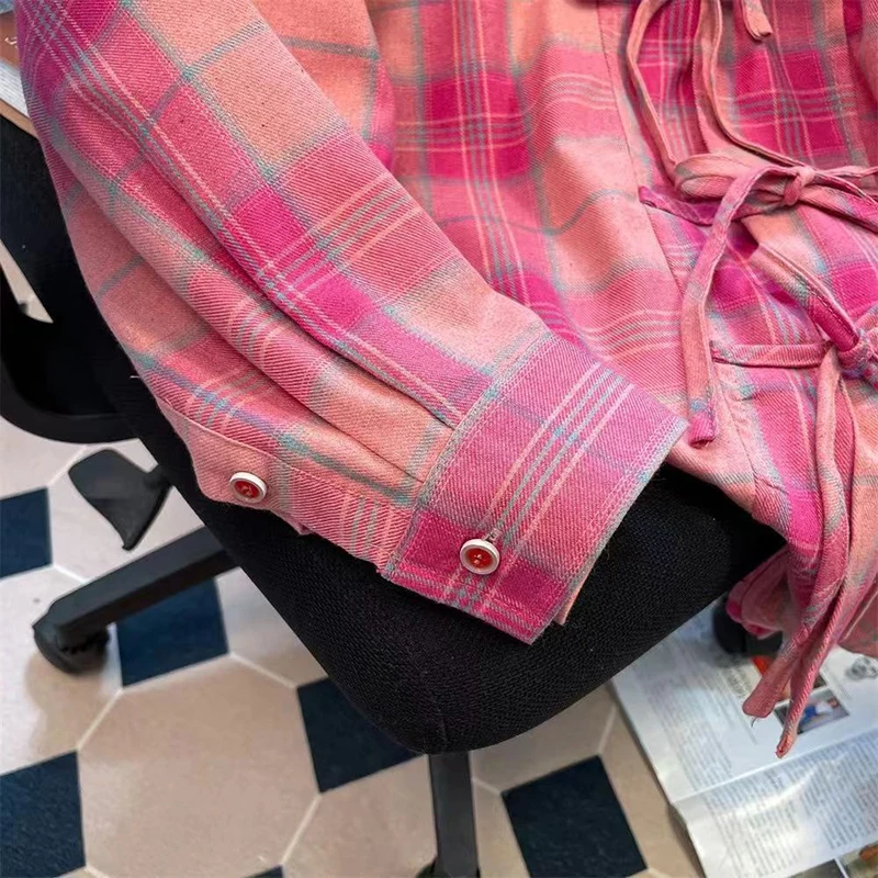 Damska Bluzka w Stylu Vintage Amerykańskim, Różowa Krata, Luźna, Swobodna Koszula z Długim Rękawem, Harajuku, Klasyczna Bluzka Zapinana na Guziki z Kokardą