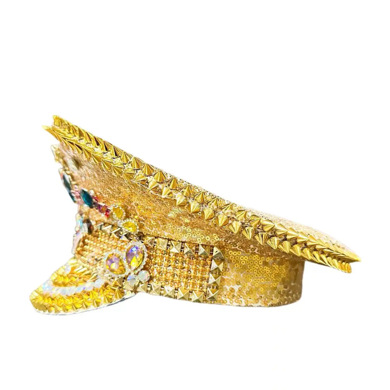 HongLuan Yellow Laser Leather Loop Captain Hat Rhinestone & Military Caps for Woman, Rave Festivals Accessories ＆ Party Cap Man