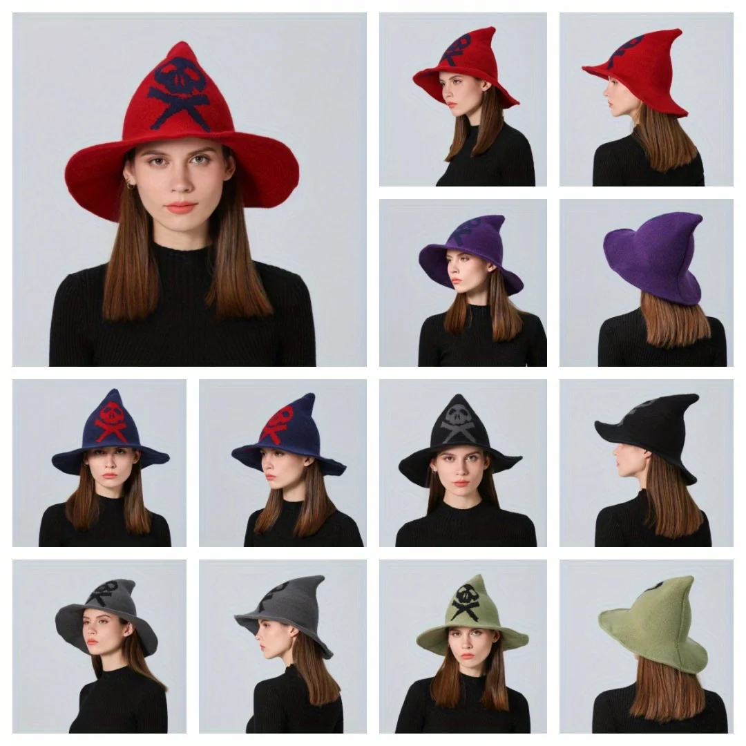 

Halloween Skull Wizard Hat - Wide-Brim Wool Knit Witch Hat, Women's European-Style Party Decorative Cap