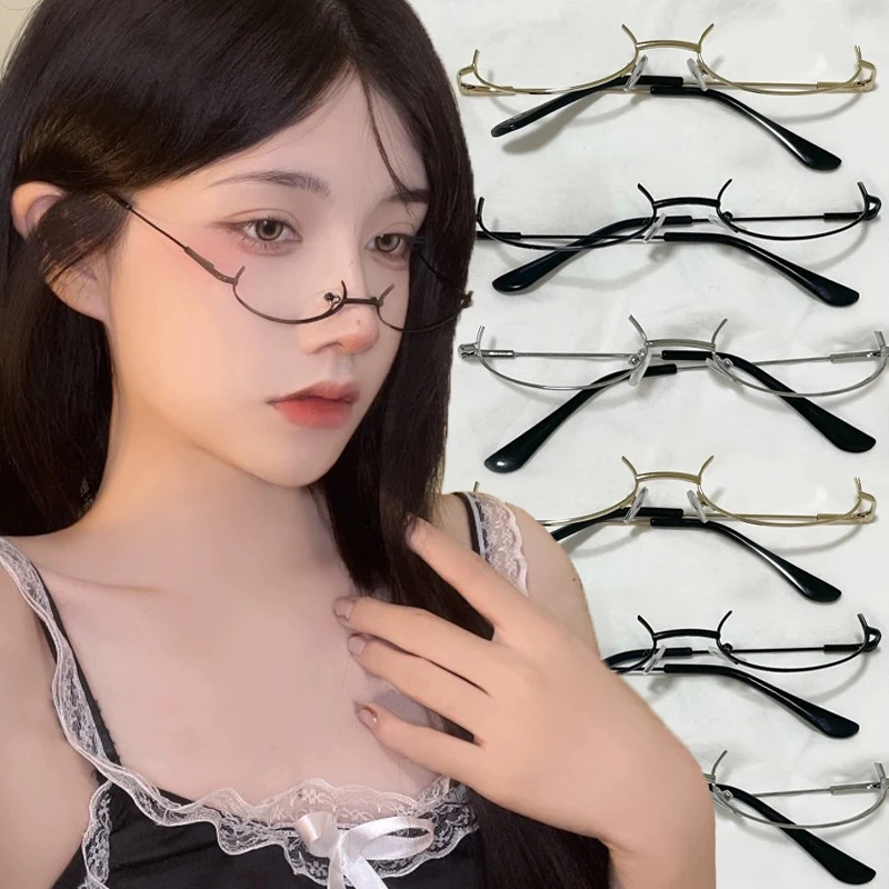 Metal Oval No Lens Optical Glasses Women Vintage Harajuku Half Frames Spectacles Eyewears Cosplay Photography Party Eyeglasses