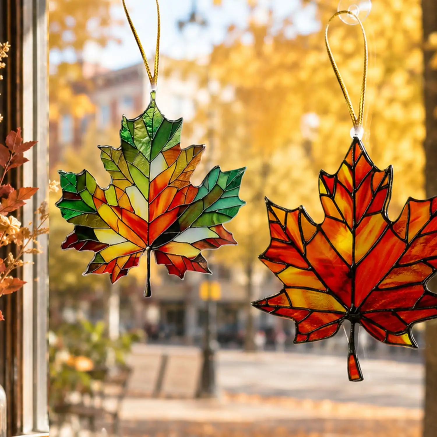 20/1PCS 2D Flat Acrylic Maple Leaf Decorative Pendant Stained Glass Fall Window Hanging Ornament Thanksgiving Home Party Decor view 2