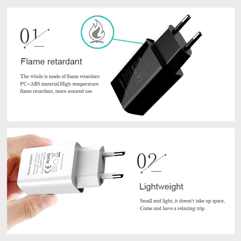 5V1A USB Charger for Mobile Phone EU charger Plug CE Certificate Travel in Europe Italy Switzerland France Germany Sweden Norway