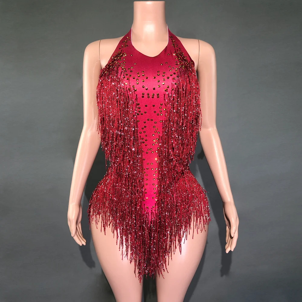 Sparkly Gold Rhinestones Wine Red Fringes Bodysuit Women Nightclub Outfit Performance Dance Costume One-piece Stage Leotard