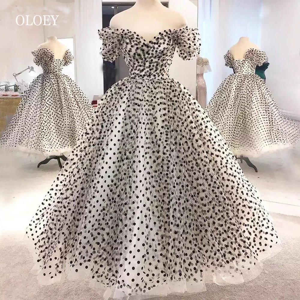 Oloey elegante Prinzessin Punkt Tüll kurze Ballkleider von der Schulter Tee Länge kurze Ärmel formelle Party kleider Abendkleid ung