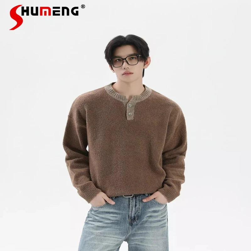 

Chic Sweaters Men 2025 Autumn Winter New High-End Loose Comfort Warm Knitted Long Sleeve Pullover Tops Color Matching Pullovers