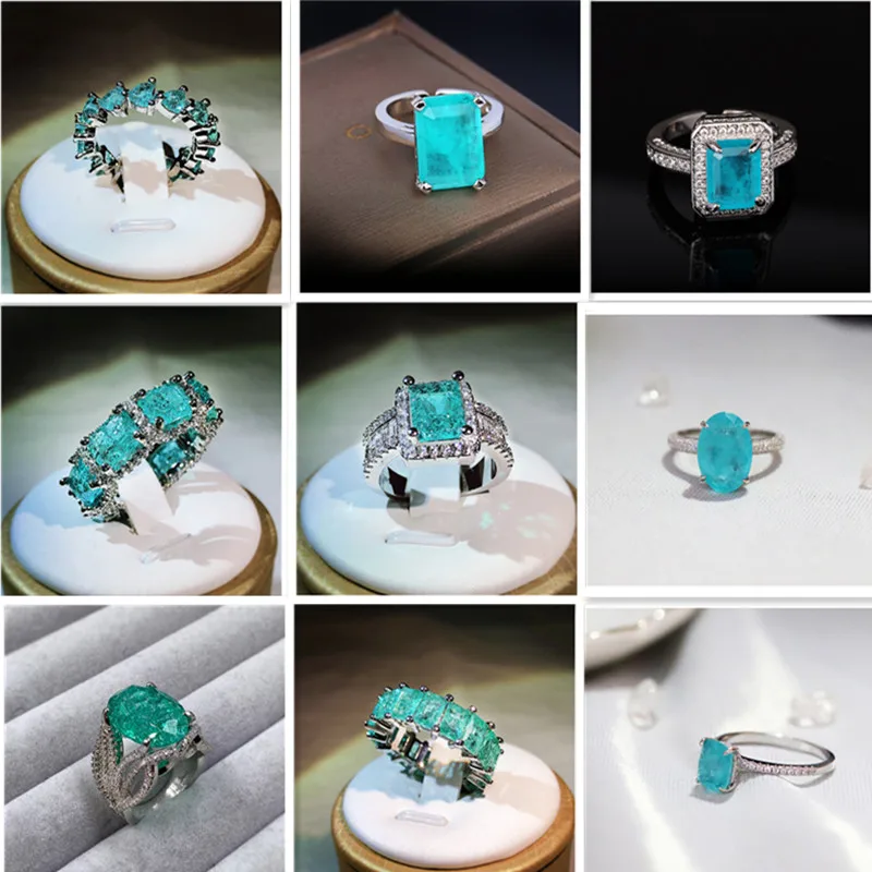 QTT 9 Different Style Paraiba Tourmaline Ring Exquisite  Silver Color Luxury Wedding Bridal Ring Trendy Vintage Jewelry