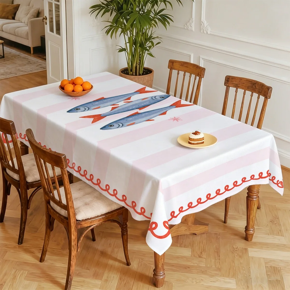 Party tablecloth, powder-white striped sardine print tablecloth, simple freshwater fish hand-painted pattern