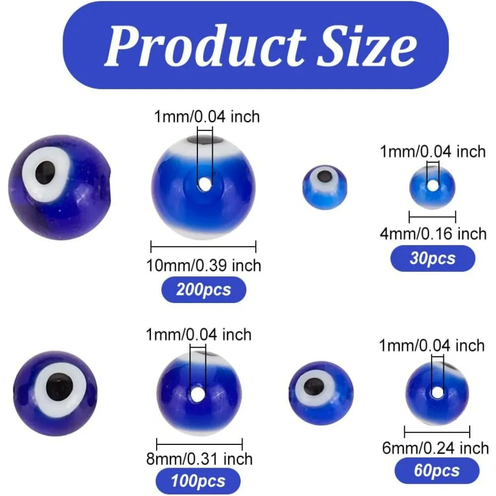 390 Pcs 4 Size Blue Evil Eye Glass Beads Round Evil Eye Beads 4/6/8/10mm Evil Eye Lampwork Glass Beads Handmade Lampwork