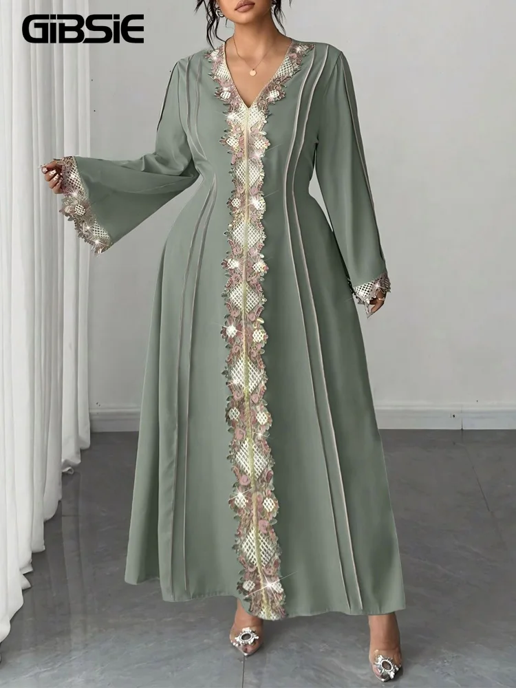 

GIBSIE Plus Size Ethnic Style Applique Abaya Belted Dress Women Spring Autumn V-Neck Long Sleeve Fit And Flare Maxi Dresses