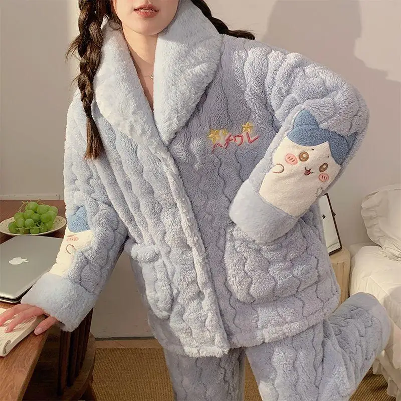 Hot Miniso Coral Fleece Fur Collar Thickening Three Layer Cotton Pajama Set Kawaii Hachiware Girl Winter Keep Warm Home Clothes