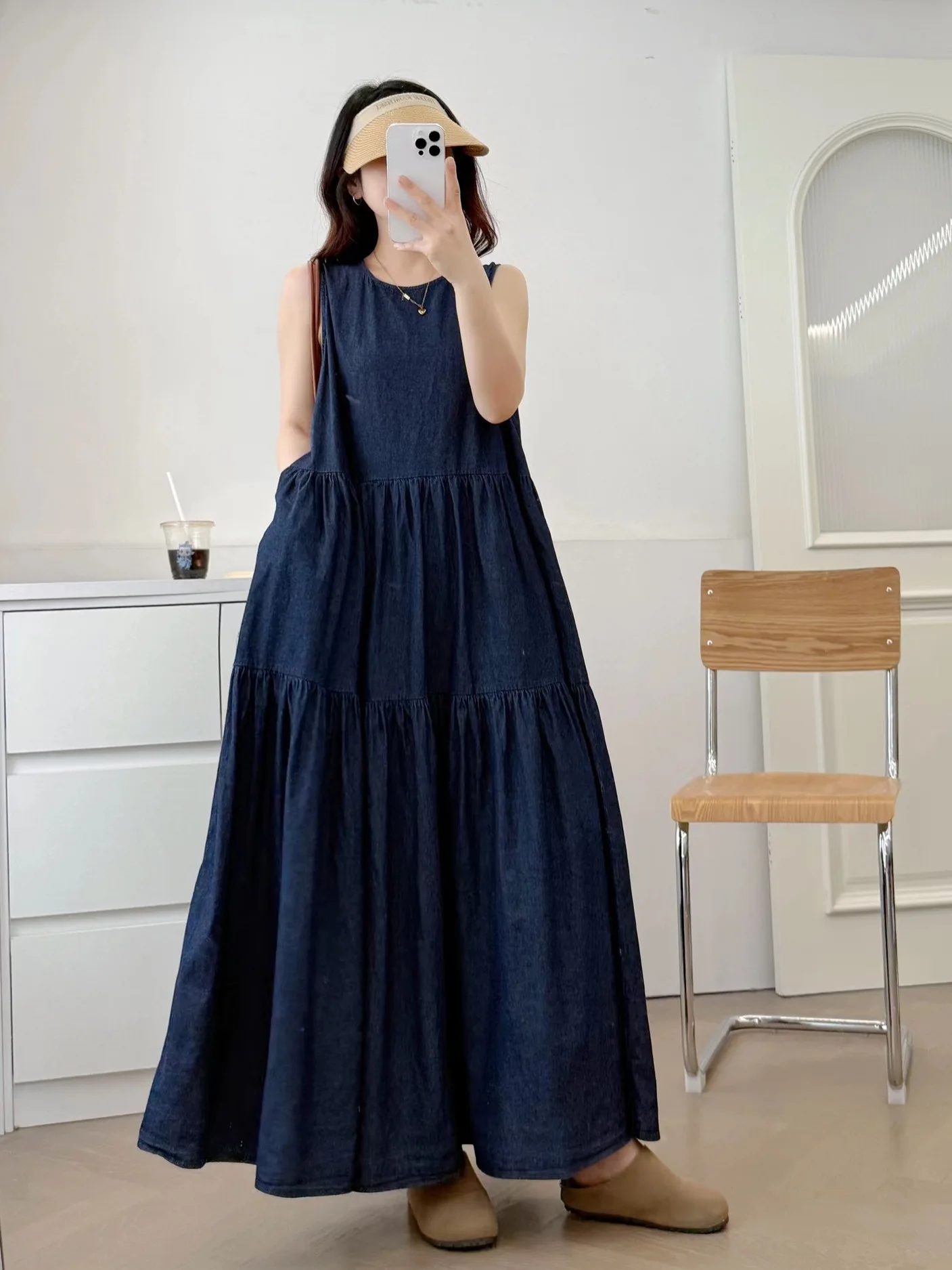 New 2026 Summer Women Sleeveless Denim Dresses, O Neck Patchwork, Mori Girl Fashion Age Reduction Loose Cake Vest Dress D64528CC