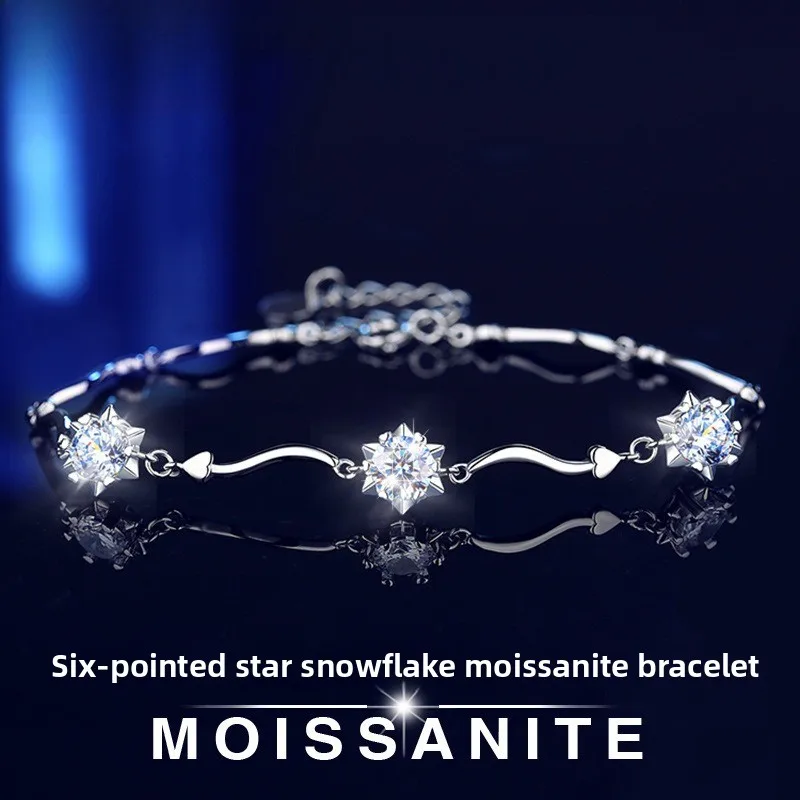 S925 Silver Rhodium Plated Hexagram Snowflake D Color Moissanite Bracelet for Women, GRA Certified Fine Jewelry Gift