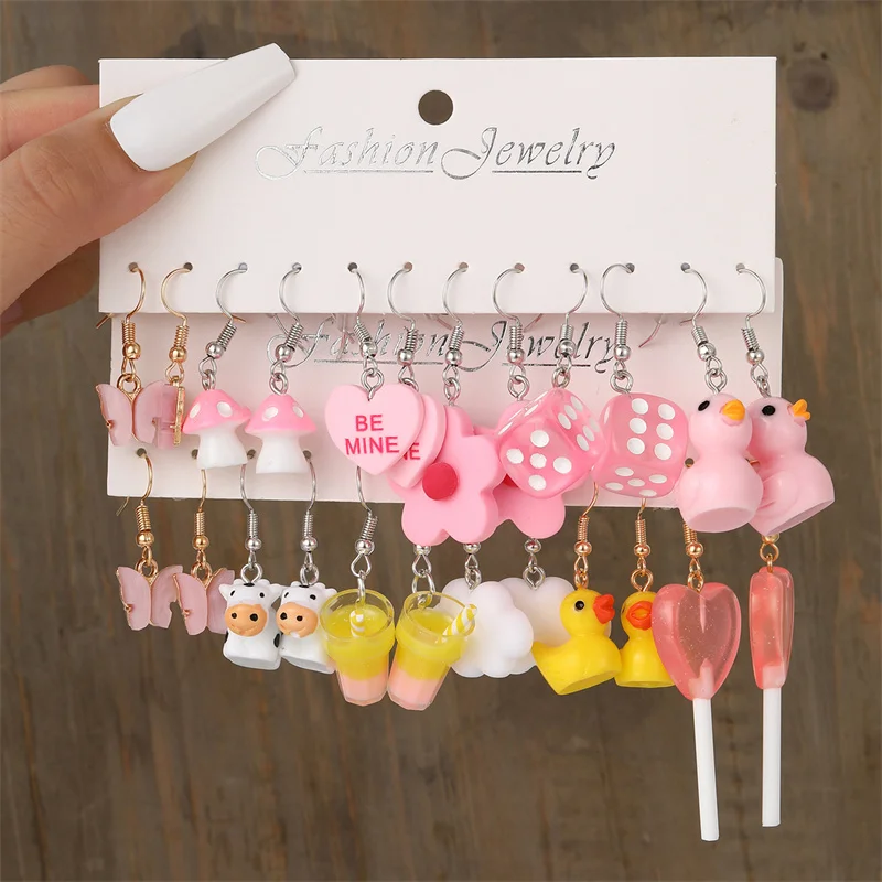 

Cute Colorful Butterfly Heart Cartoon Dangle Earrings Set For Women Girl Kids Duck Clouds Resin Drop Earring Jewelry Accessories