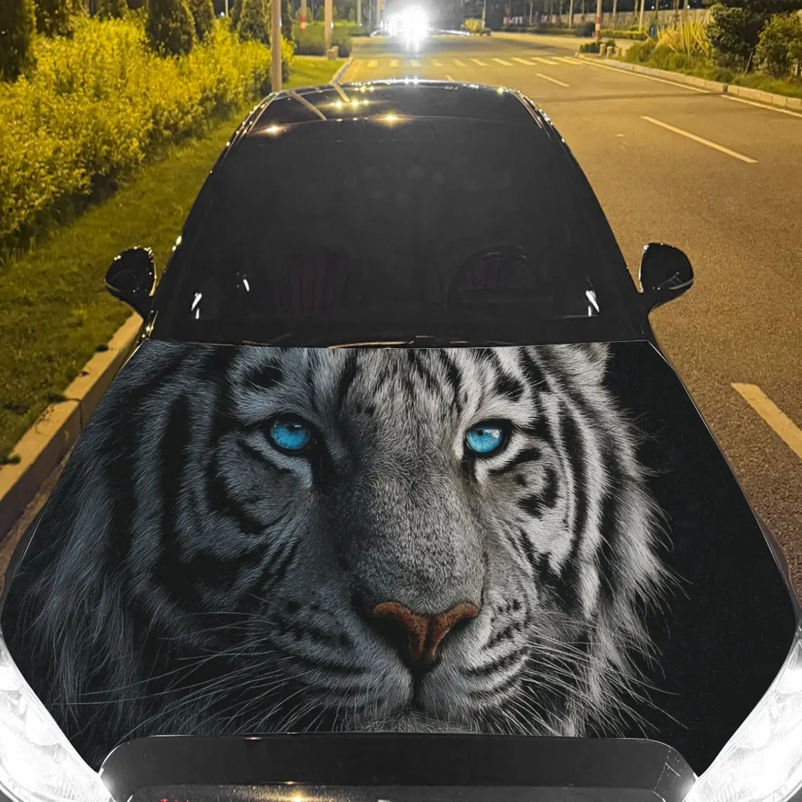 Car Decal White Tiger with Piercing Blue Eyes - Mythical Commanding Aesthetic Car Hood Sticker, Waterproof Self - Adhesive PVC G