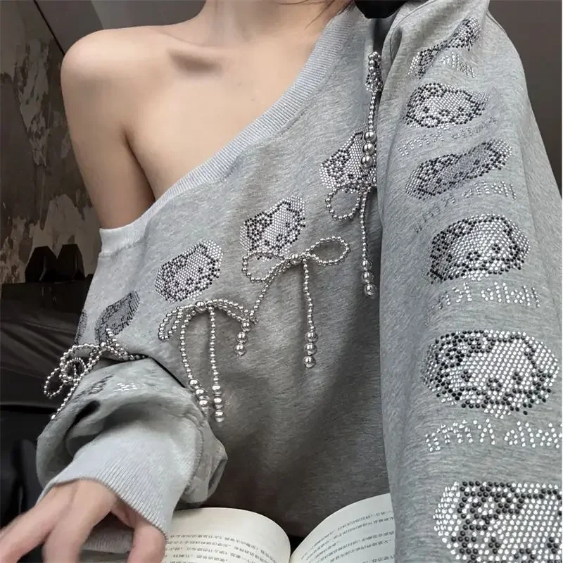 Sanrio Hello Kitty Print Off-shoulder Sweatshirt Y2k Spring Sexy Hot Girls Long Sleeve Shirt Fashion Loose Women's Diamond Top