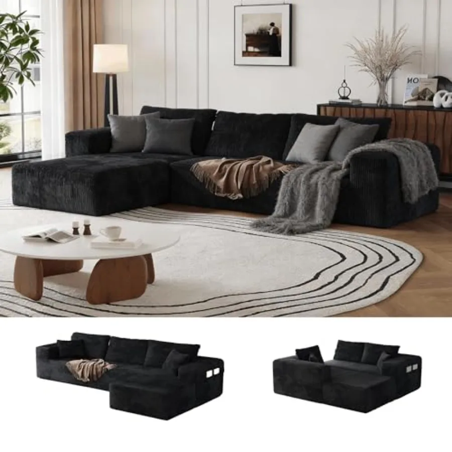 Boneless Sectional Couch Black L Shape Sofa Ottoman with Recliner Bed Memory Foam Modular Cloud No Bones in a Box Boundless Com