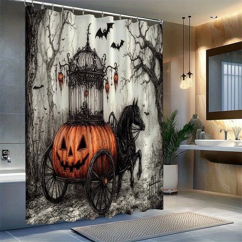 1pc Gothic Halloween Shower Curtain, Skeleton Horse Pumpkin Carriage, Skulls Bats Twisted Forest, Bathroom Decor