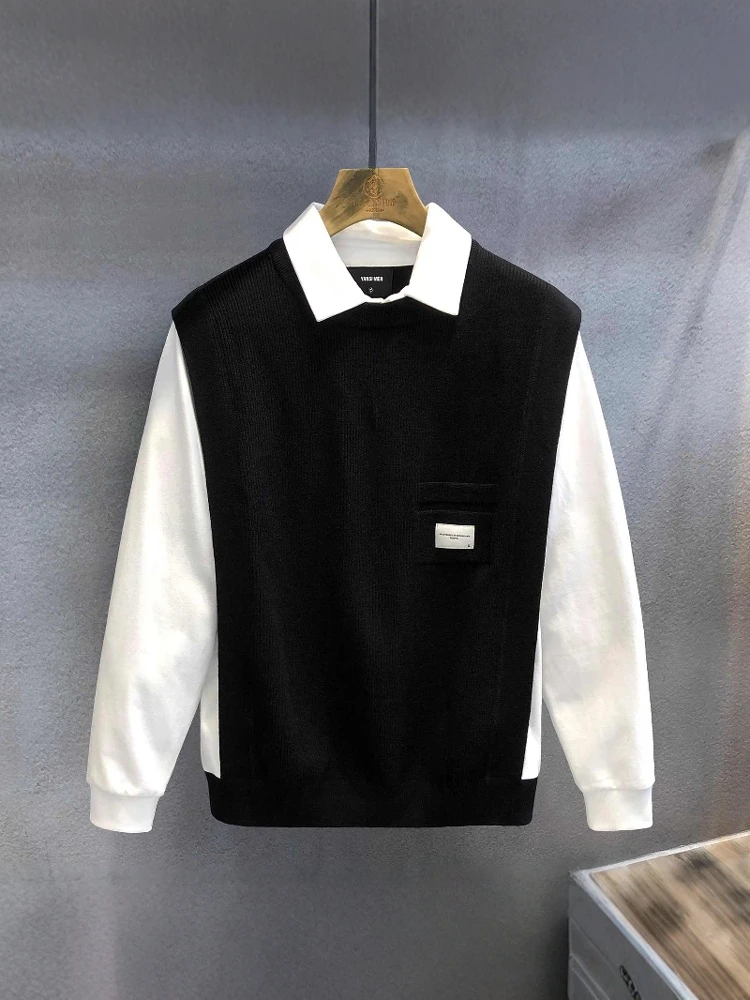 

Мужской вязаный свитер-обманка (имитация двойки) на осень-зиму 2024, легкий, в стиле Maturi, городской, модный, с длинным рукавом, круглым вырезом