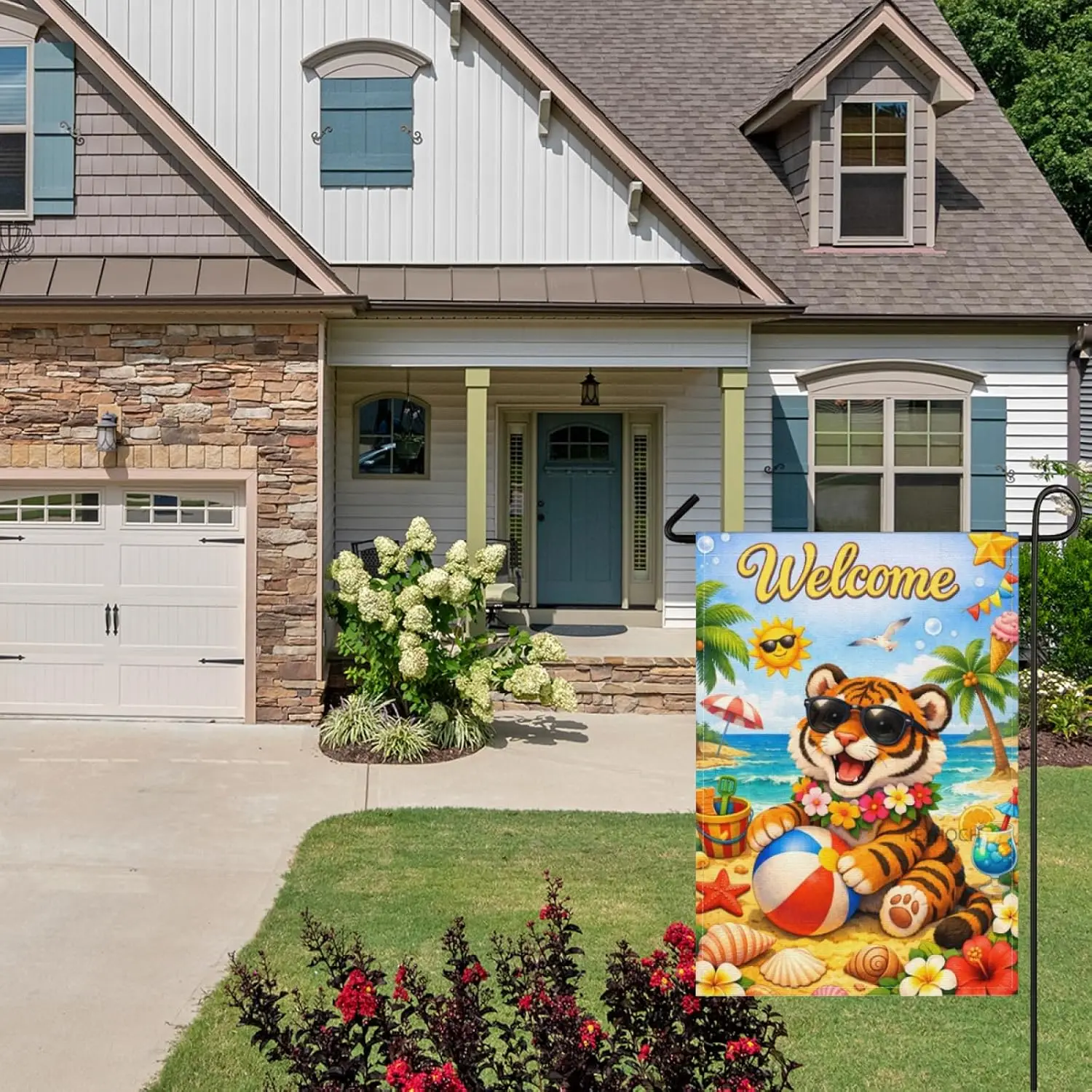 Welcome Funny Tiger Summer Beach Garden Flag 28x40Inch,Cute Animal Sunglasses Beach Ball,Flowers Ocean Coastal Yard Party De AAS