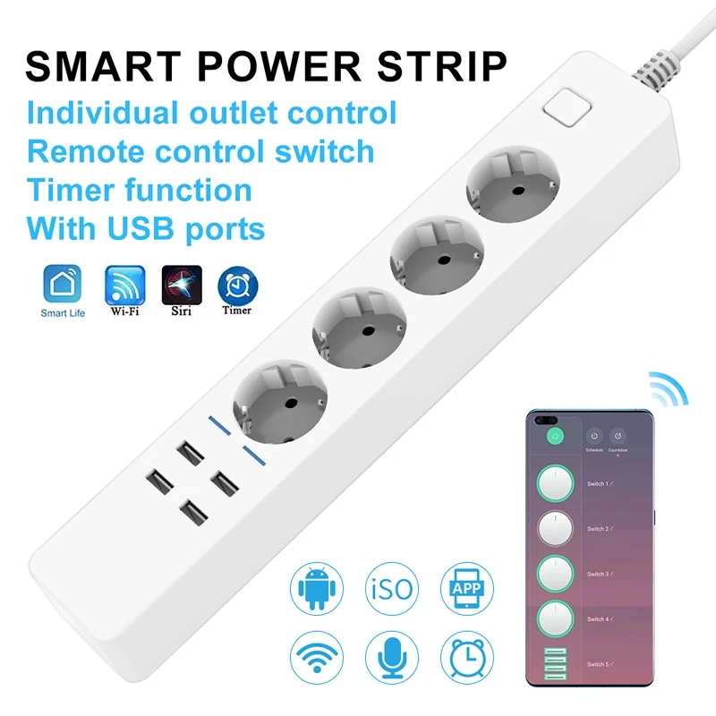 WIFI Smart Power Strip with 4 AC Outlets + 4 USB EU Plug Timer Switch Socket APP Voice Control Multifunctional Socket