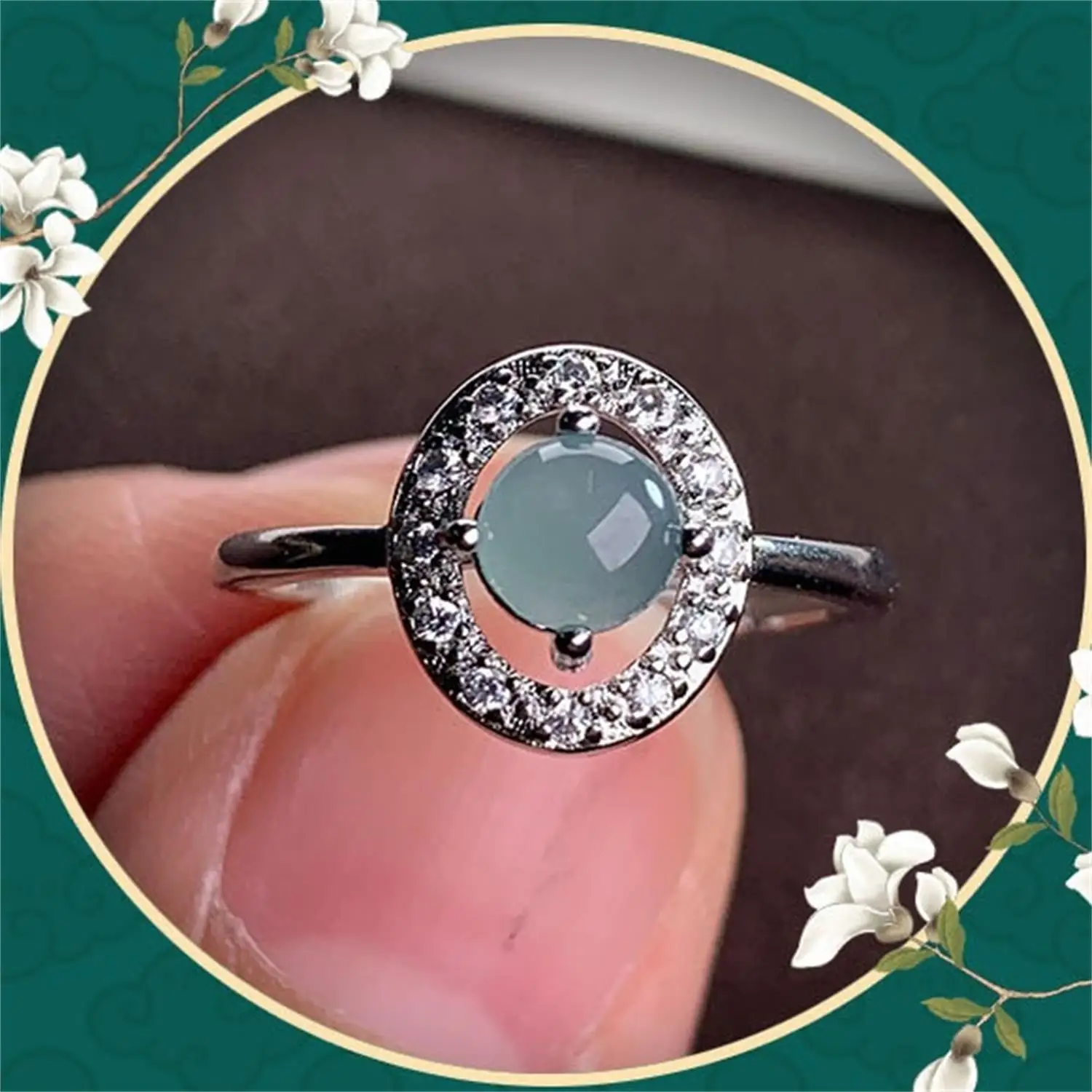 Natural Grade A Guatemalan Jadeite Ice Blue Water Cabochon Ring Gold Plated Adjustable Open Band Women Men Fine Jewelry Gift