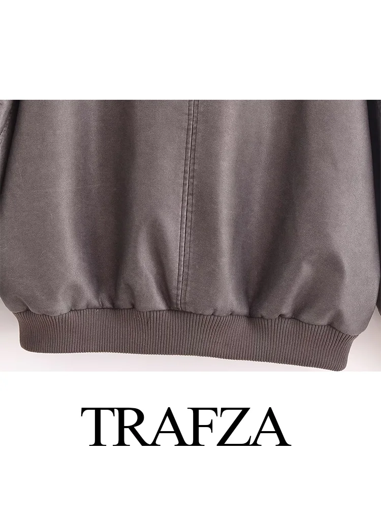 TRAFZA-Blouson Bombardier en Cuir Vintage à Manches sulfpour Femme, Vêtement d'Extérieur de Rue, Couleur Unie, Poches à Fermeture Éclair Décorées, Collection Automne