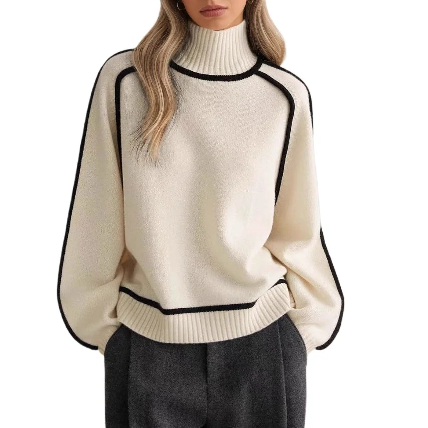 

Autumn and Winter Semi-turtleneck Three-dimensional Striped Thin Casual Loose Pullover Knitted Sweater