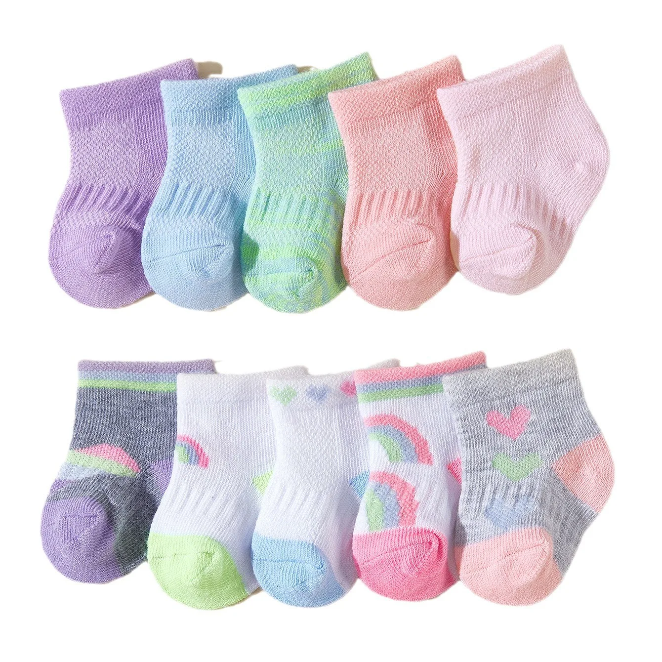 

2025 New Love Solid Color 10 Pair Summer Short Cute Cool Thin Baby Polyester Middle Socks Colorful Baby Socks