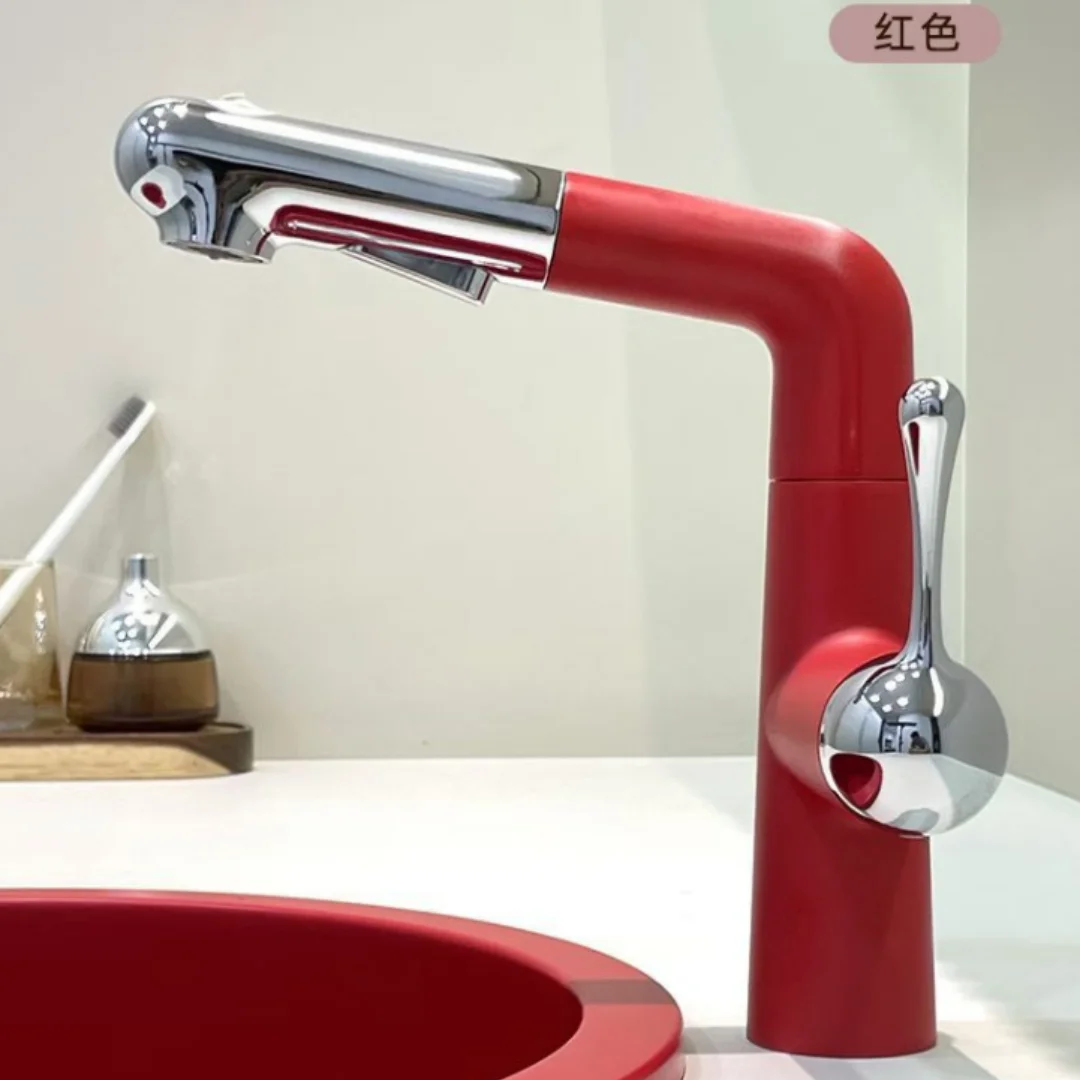 Pink Chrome Basin Faucet Red Brass Pull Out Bathroom Faucet Hot Cold Multi-functions Bathroom Decked Lavatory Faucet Sink Mixer
