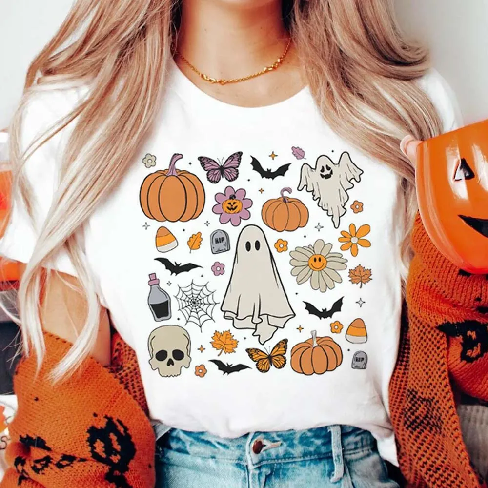 

Harajuku Vintage Halloween Doodles Printed T-Shirt Clothing Casual Style Summer O-Neck T-Shirt Cartoon Fun Versatile Women's Top