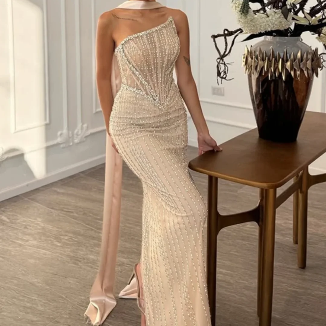 

Luxury Beading Crystals Formal Evening Dress with Scarf Customized Back Slit Floor Length Prom Gowns