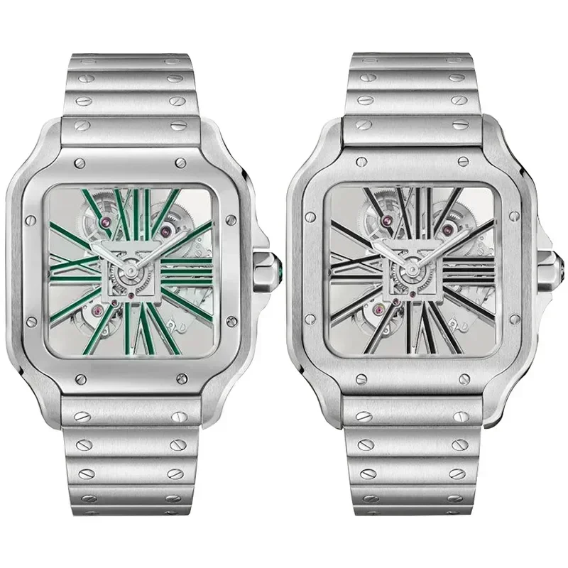 ساعات رجالي فاخرة هيكل عظمي حركة كوارتز ساعات مربعة مزدوجة الجوانب 904L حزام من الفولاذ المقاوم للصدأ Montre De Luxe