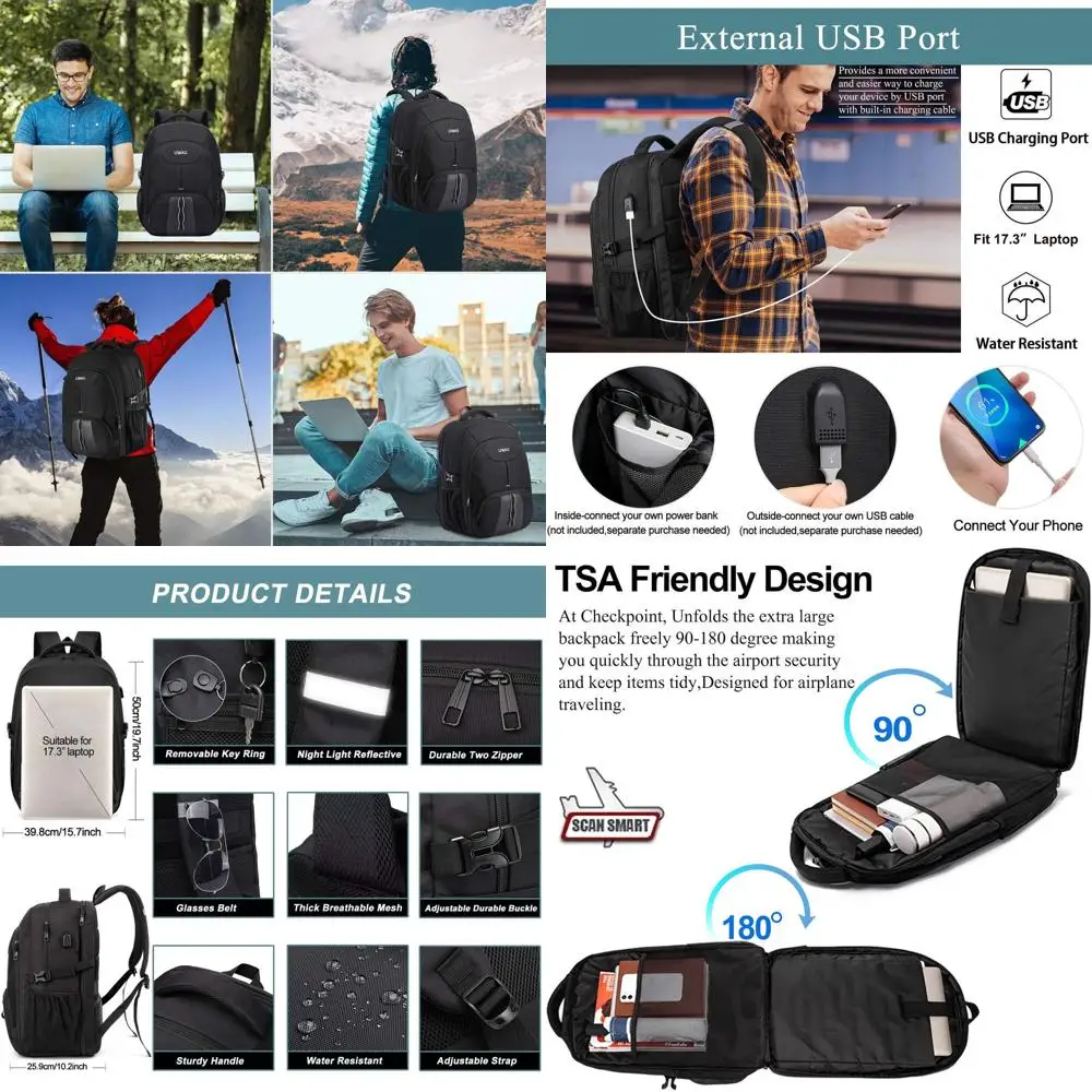 

Men's 50L Waterproof Laptop Backpack with USB Port, TSA Friendly for Travel and Work, 17.3 Laptop Compartment, Large Capacity Sc