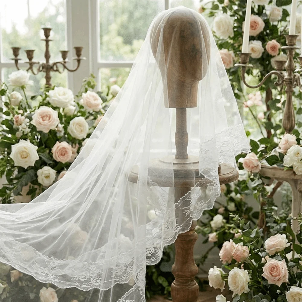 Double Layer Halloween Bridal Veil Black White Floral Edge Ghost Bride Veil Photo props Long Length Lace Tulle Veil