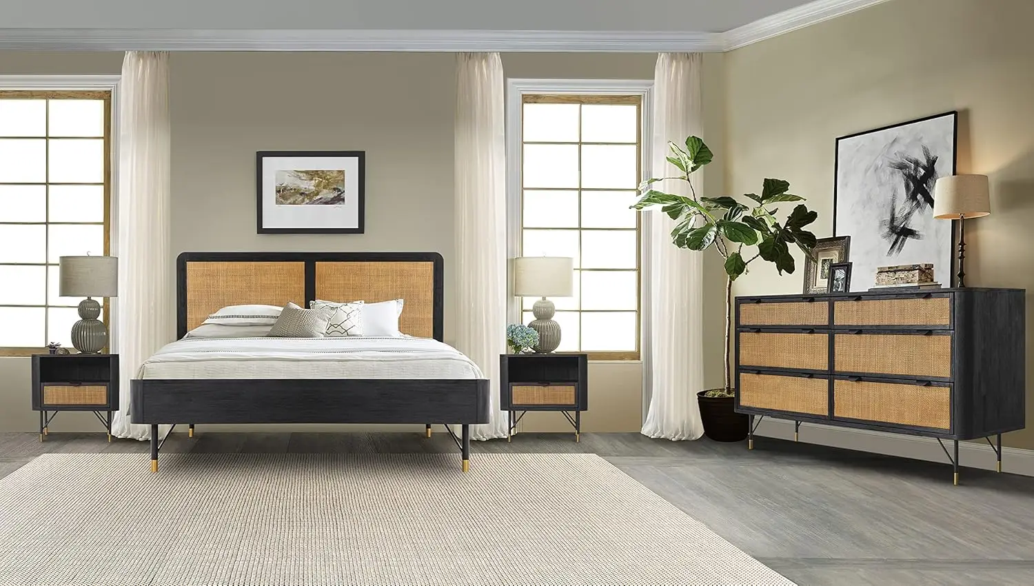 Saratoga 6 Drawer Dresser In Black Acacia With Rattan