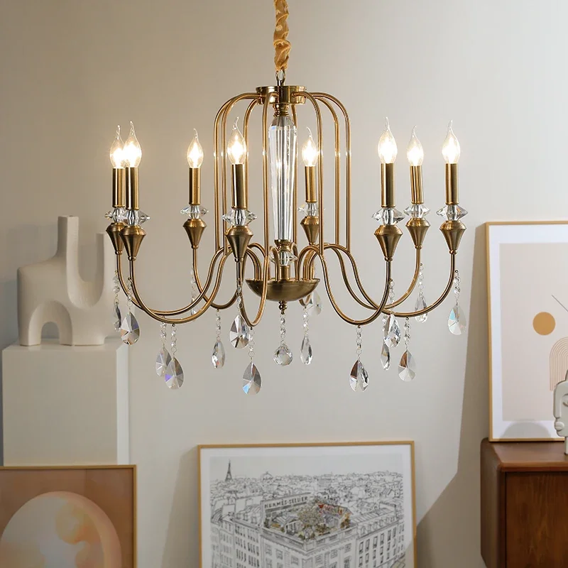 Nordic Lamps Palace Hall Copper Crystal Chandelier Bedroom Kitchen Simple and Light Luxury Style Golden Candle Pendant Light LED