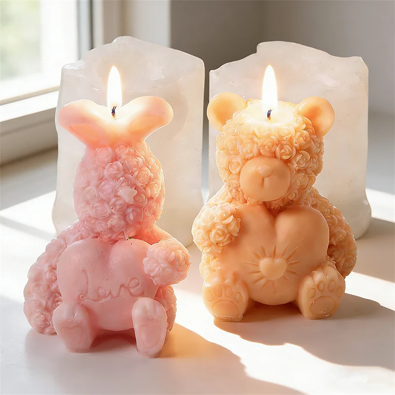 Liebe Kaninchen Silikon Kerze Form DIY Valentinstag Rose Bär Liebe Form Handgemachte Kerze Gips Geschenk Hause Dekoration