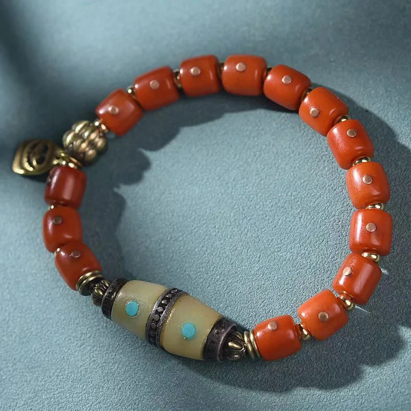 Return Copper Inlaid Camel Barrel Beads Crafts Single-Wrap Tibetan Ox Bone Agate Corpse Tuolin Bracelet