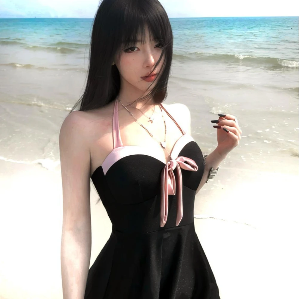 American style hot girl trend slim fit one-piece dress swimsuit Japanese Harajuku style Y2K women's strap contrasting swimsuit