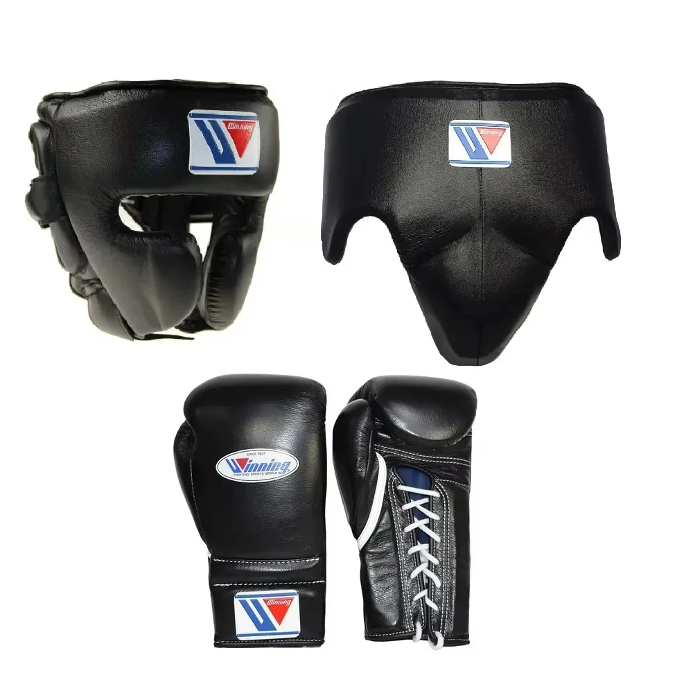Juego de Sparring de boxeo ganador personalizado, guantes de 16oz, protector de cabeza, protector de ingle, Kit de cuero de vaca personalizado