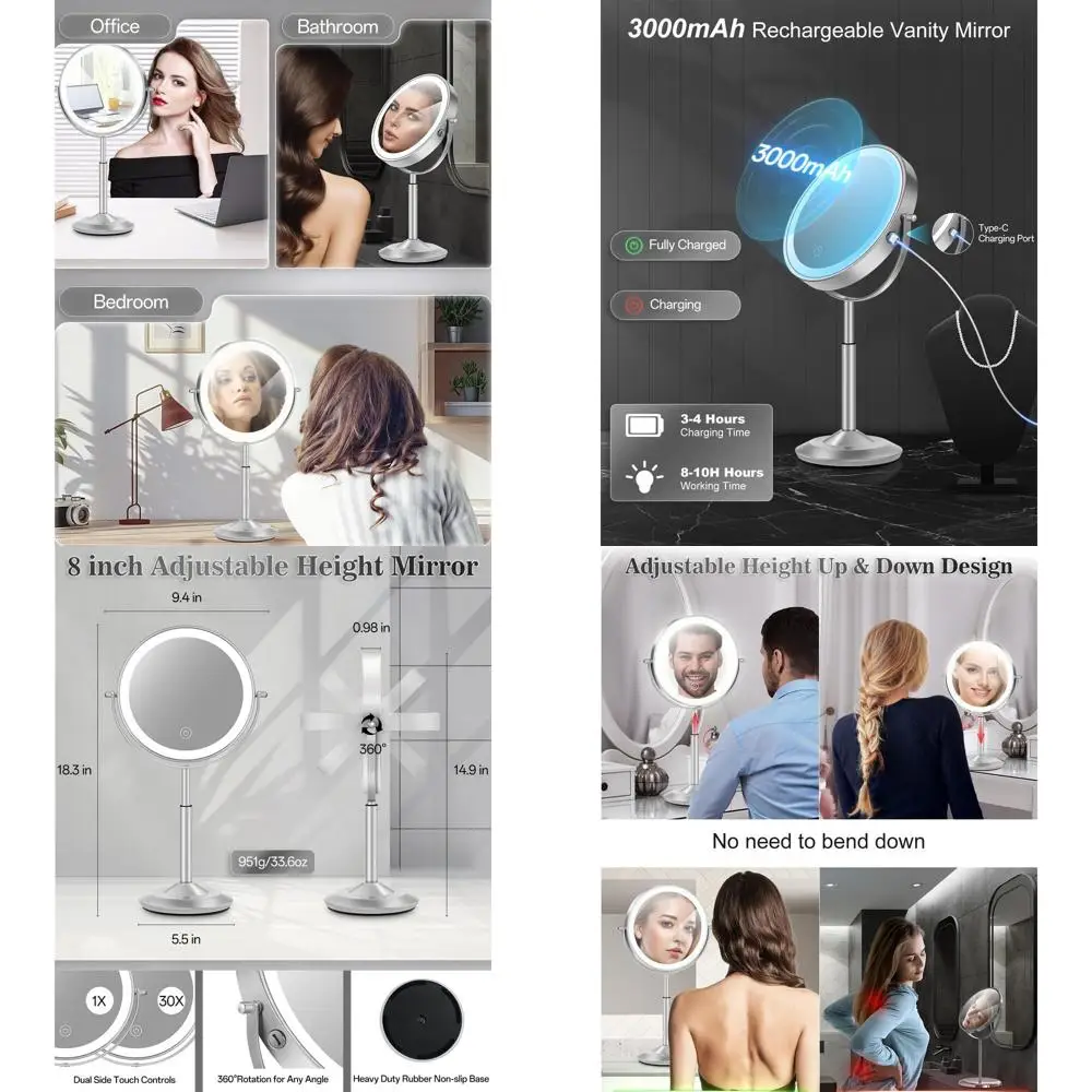 مرآة زينة مضيئة مع بطارية 3000 مللي أمبير في الساعة، ارتفاع قابل للتعديل و3 سطوع LED للمكياج، تكبير 1X/30X، Double-Si #1