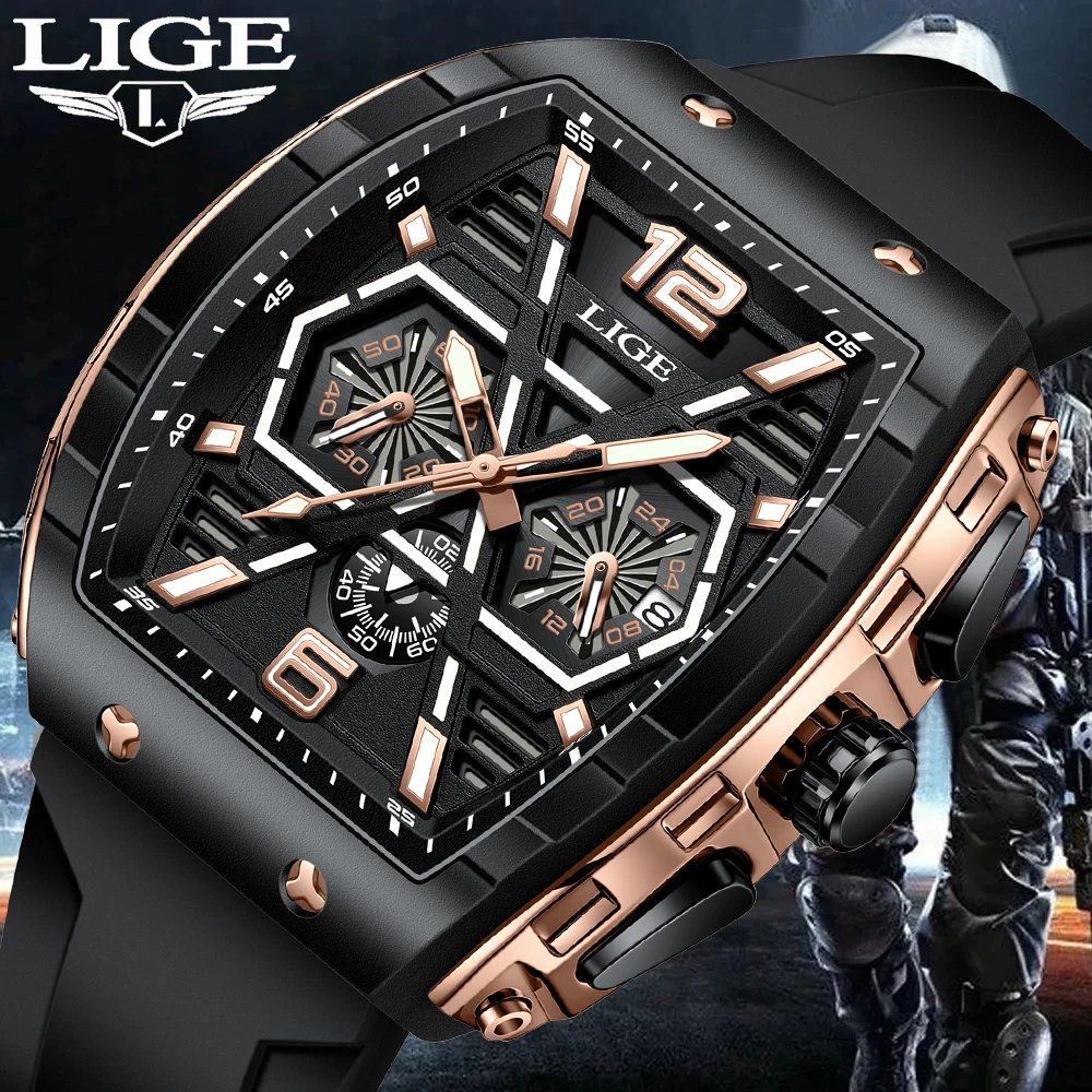 

LIGE Silicone Watch For Men Fashion Military Sports Men's Quartz Wristwatches Square Waterproof Date Chronograph Reloj Hombre