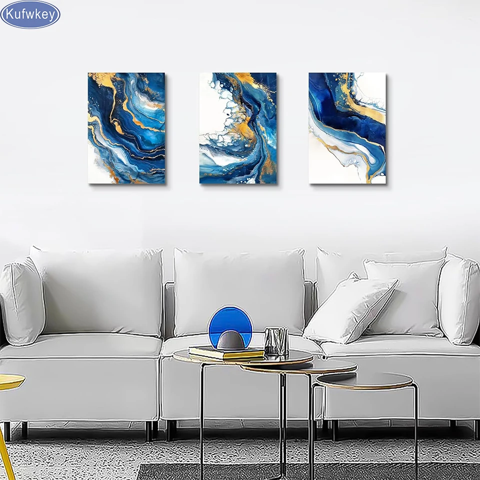 Triptych Blue Diamond Painting, Full Diamond Mosaic Jewelry, Cross Stitch, Modern Abstract Pictures, Home Decor, New, 2024