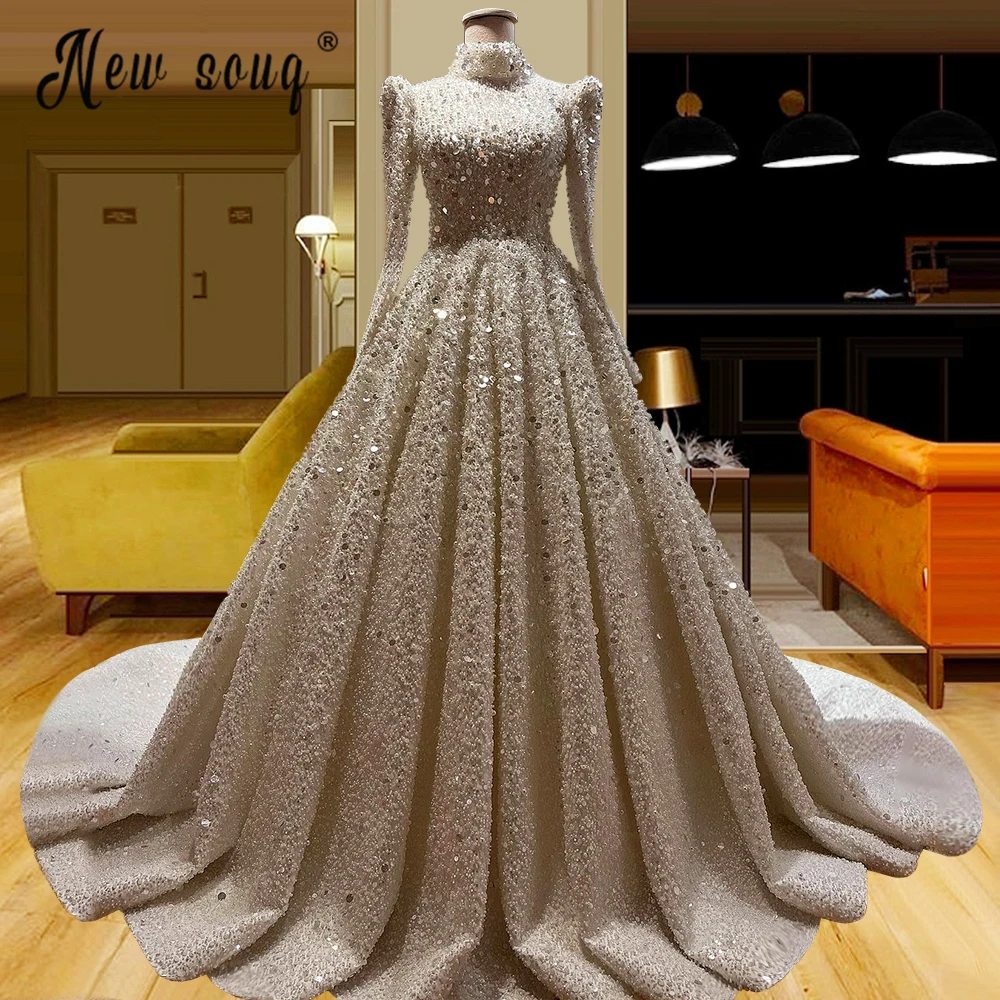 Muslim Champage Bead Wedding Dress Ball Gown Plus Size Bridal Gowns for Bride Luxury Vestidos De Fiesta Engagement Party Dresses