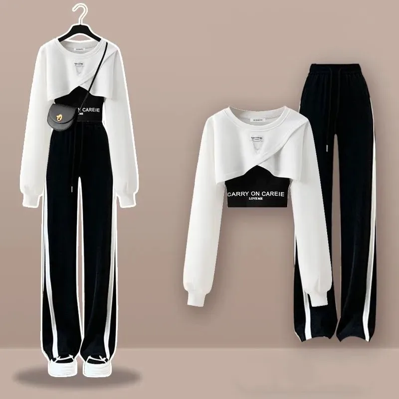 2024 Spring Set Women's Korean Academy Style Irregular Top+suspender+wide leg pants Three piece Set Fashion