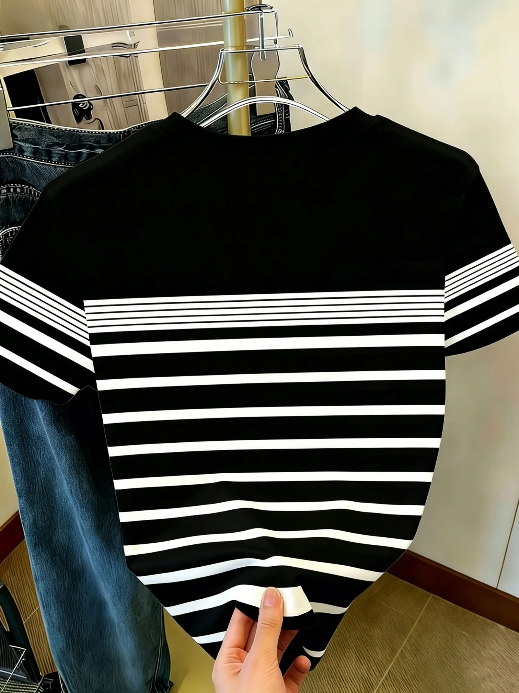 Men Mesh Sports T‑Shirt Black White Thin Horizontal Stripe O‑Neck Short Sleeve Summer Slim Fit Digital Print Casual Top